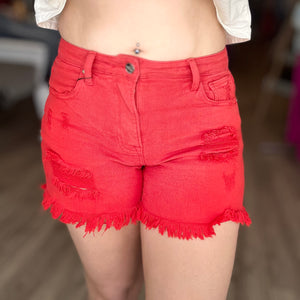 Risen Red Distressed Shorts