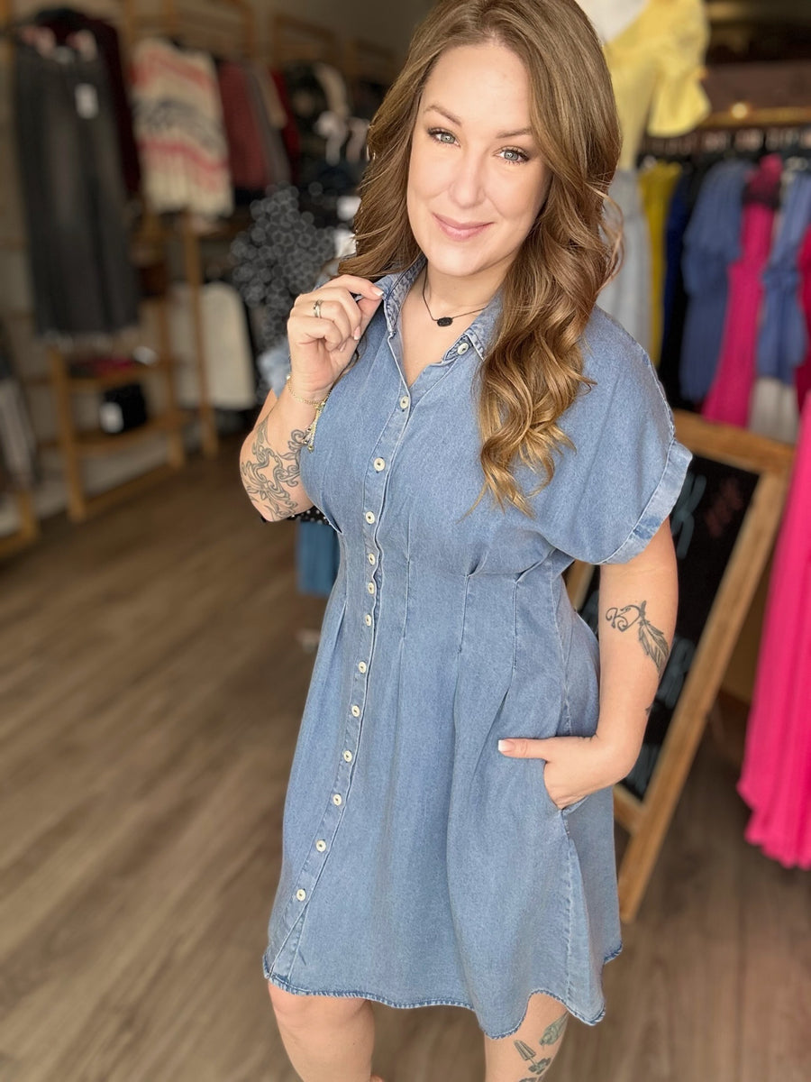 Denim Pleated Mini Dress M