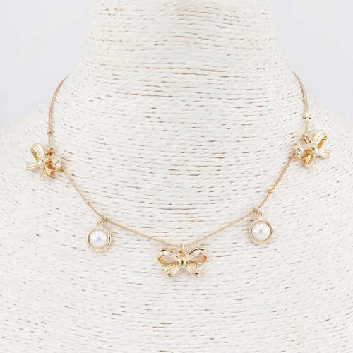 Gold Pearl Bow Charm Necklace