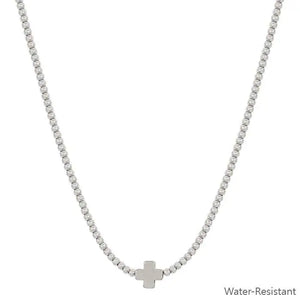 Silver Beaded Chain Cross Necklace