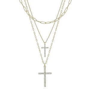 Gold 3 Chain Rhinestone Double Cross Necklace