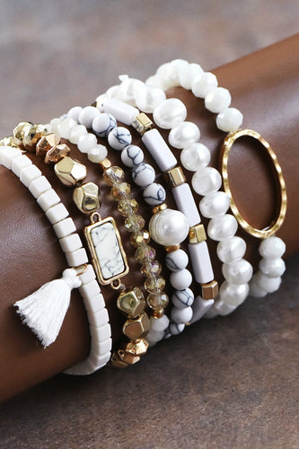 White Crystal Bead Bracelet Set