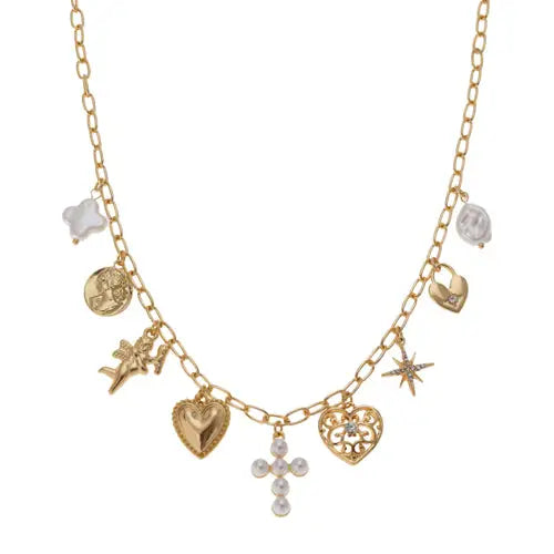 Gold Multi Charm Cross Necklace