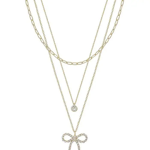 Gold Layered Rhinestone Bow Necklace
