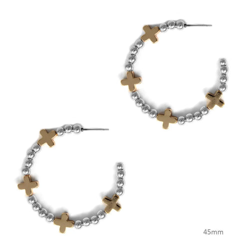 Silver Beaded Gold Cross Earrings