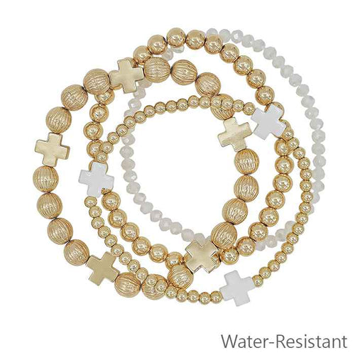 Gold 4pc Stretch Cross Bead Bracelets