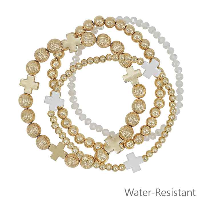 Gold 4pc Stretch Cross Bead Bracelets