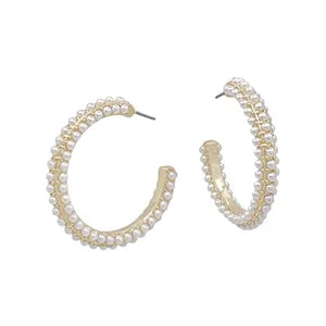 Gold Beaded Pearl Hoop Earrings