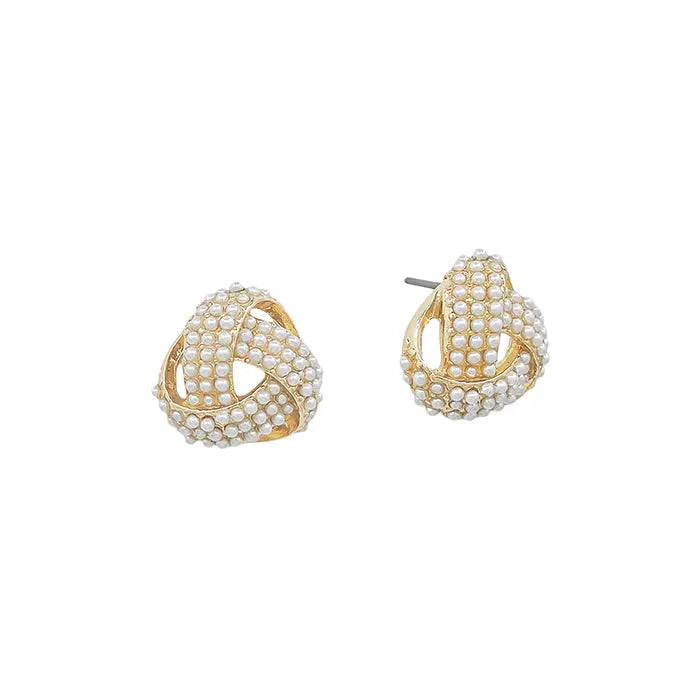 Gold Knot Pearl Stud Earrings