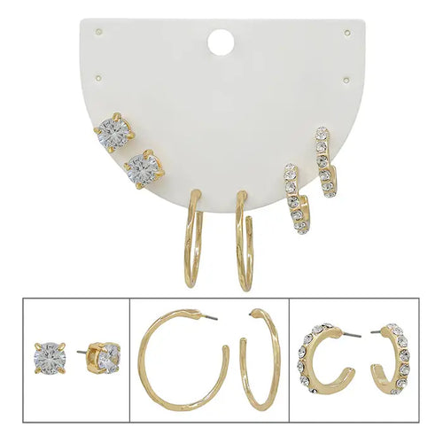 Set of 3 Gold Crystal Stud and Hoop Earrings