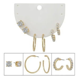 Set of 3 Gold Crystal Stud and Hoop Earrings