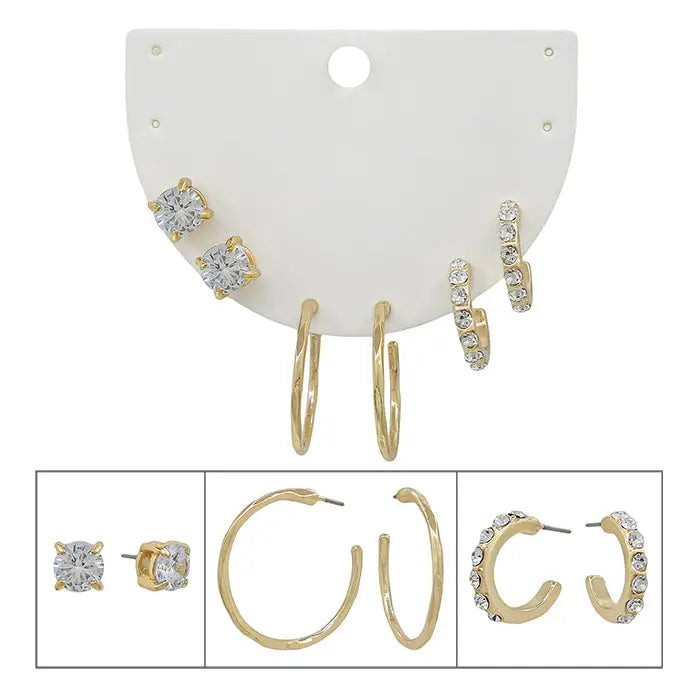 Set of 3 Gold Crystal Stud and Hoop Earrings