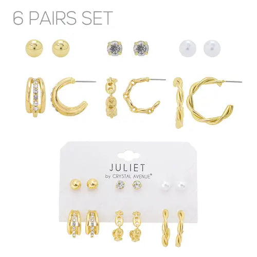 Set of 6 Gold Crystal Stud and Hoop Earrings