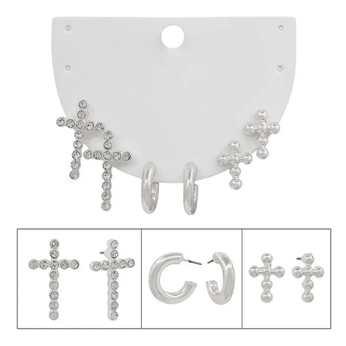 Set of 3 Silver Cross and Hoop Earrings