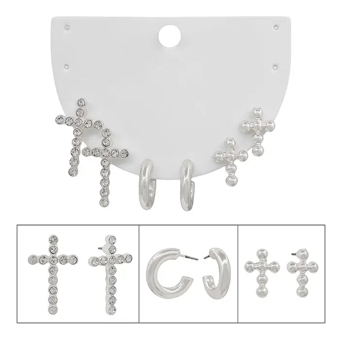 Set of 3 Silver Cross and Hoop Earrings
