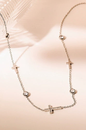 Silver Cross And Rhinestone Necklace