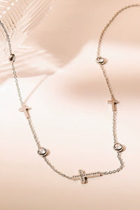 Silver Cross And Rhinestone Necklace
