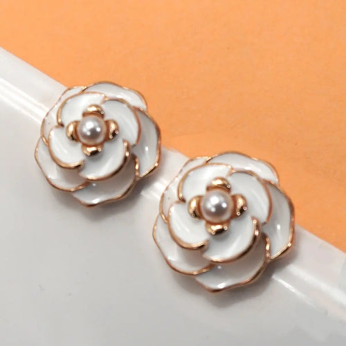 Gold Pearl Flower Stud Earrings