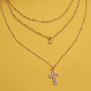 Gold Tri-Layered Rhinestone Cross Necklace