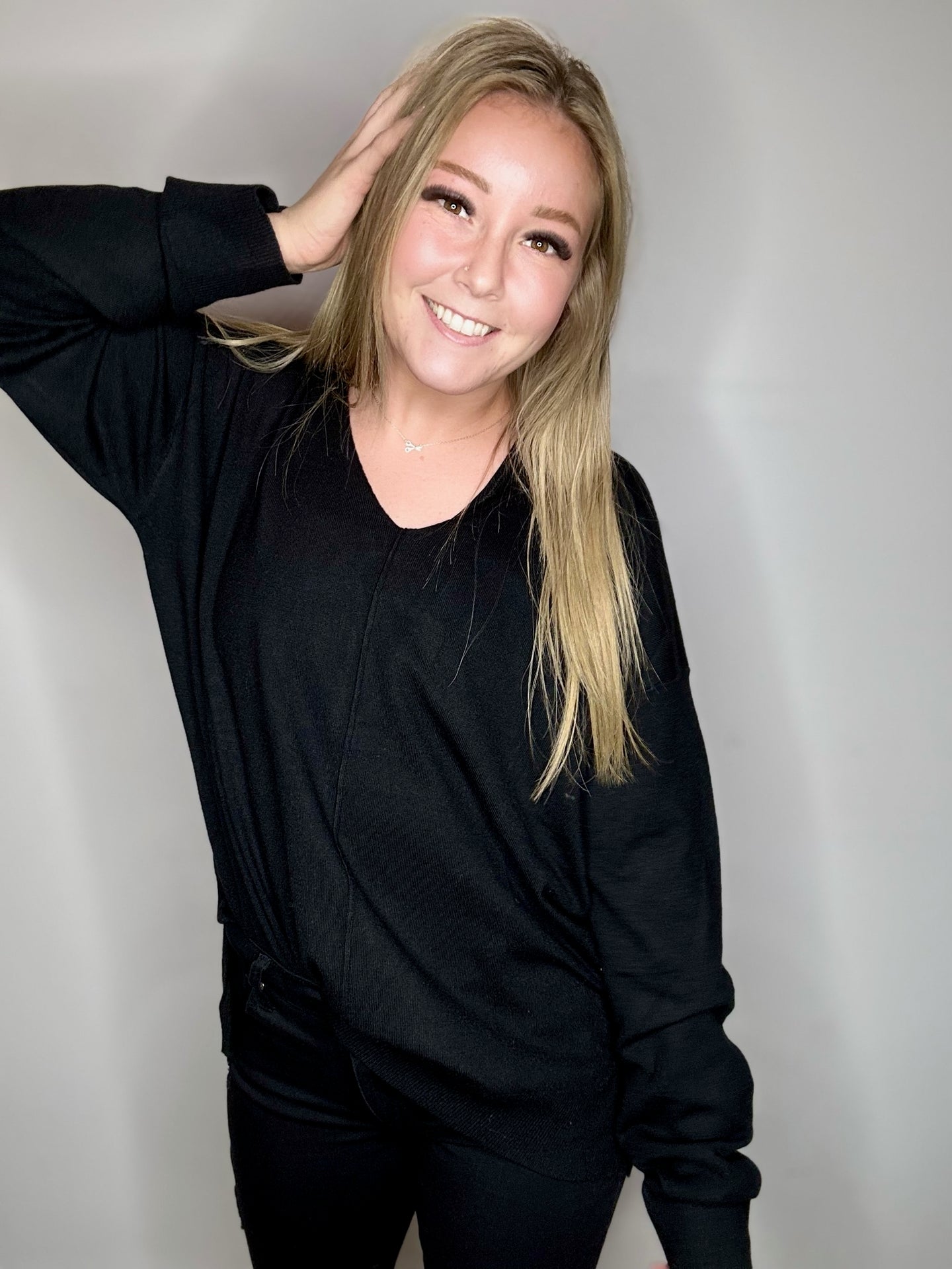 Black Deep V Ribbed Sweater