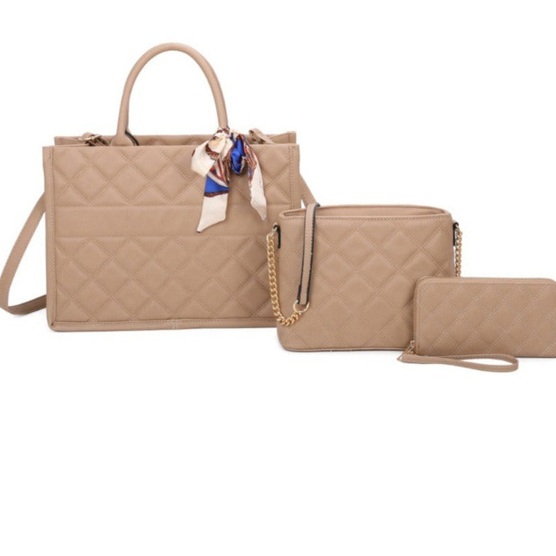 Beige Quilted Scarf Satchel Set