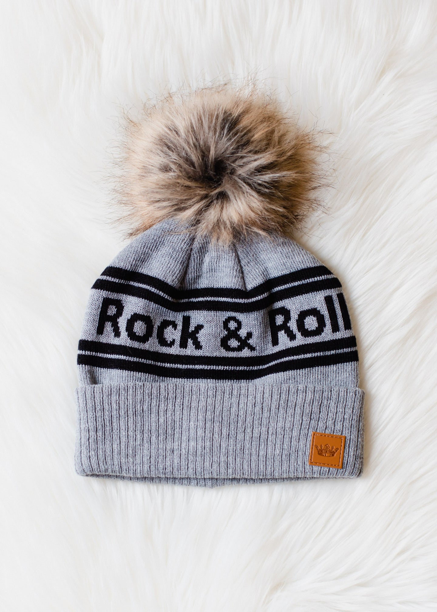 Grey Rock & Roll Knit Pom Beanie
