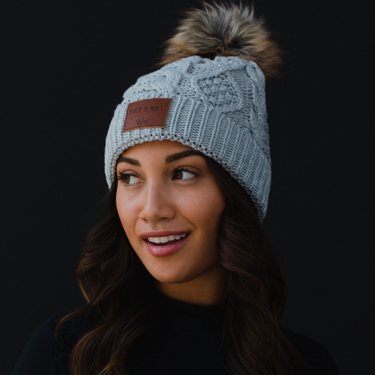Grey Rock & Roll Patch Pom Beanie