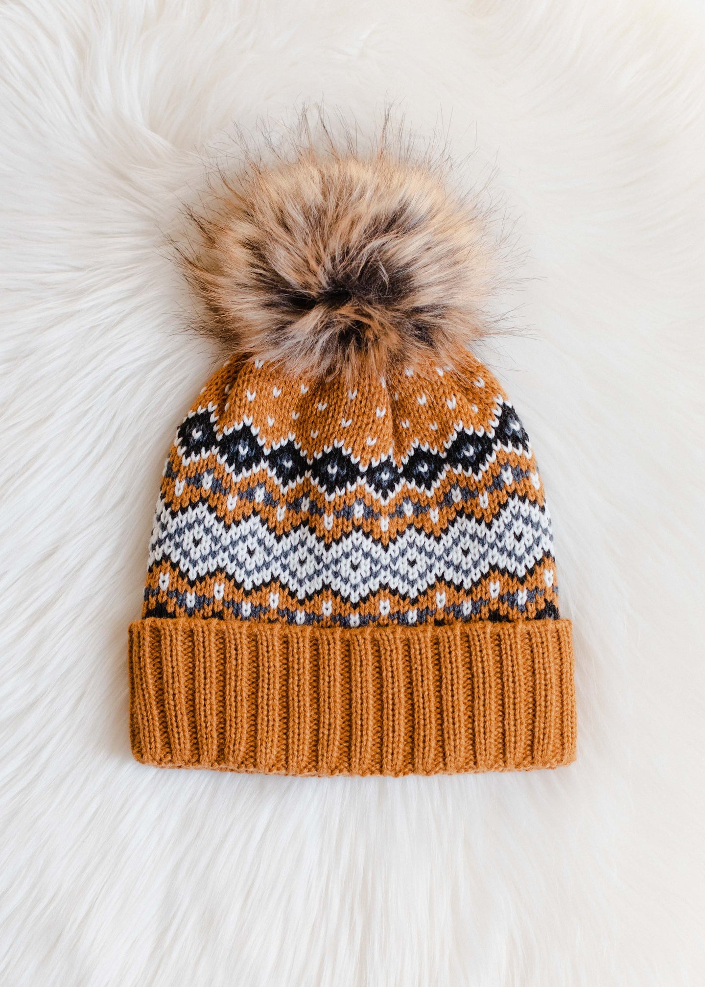 Mustard Print Knit Pom Beanie