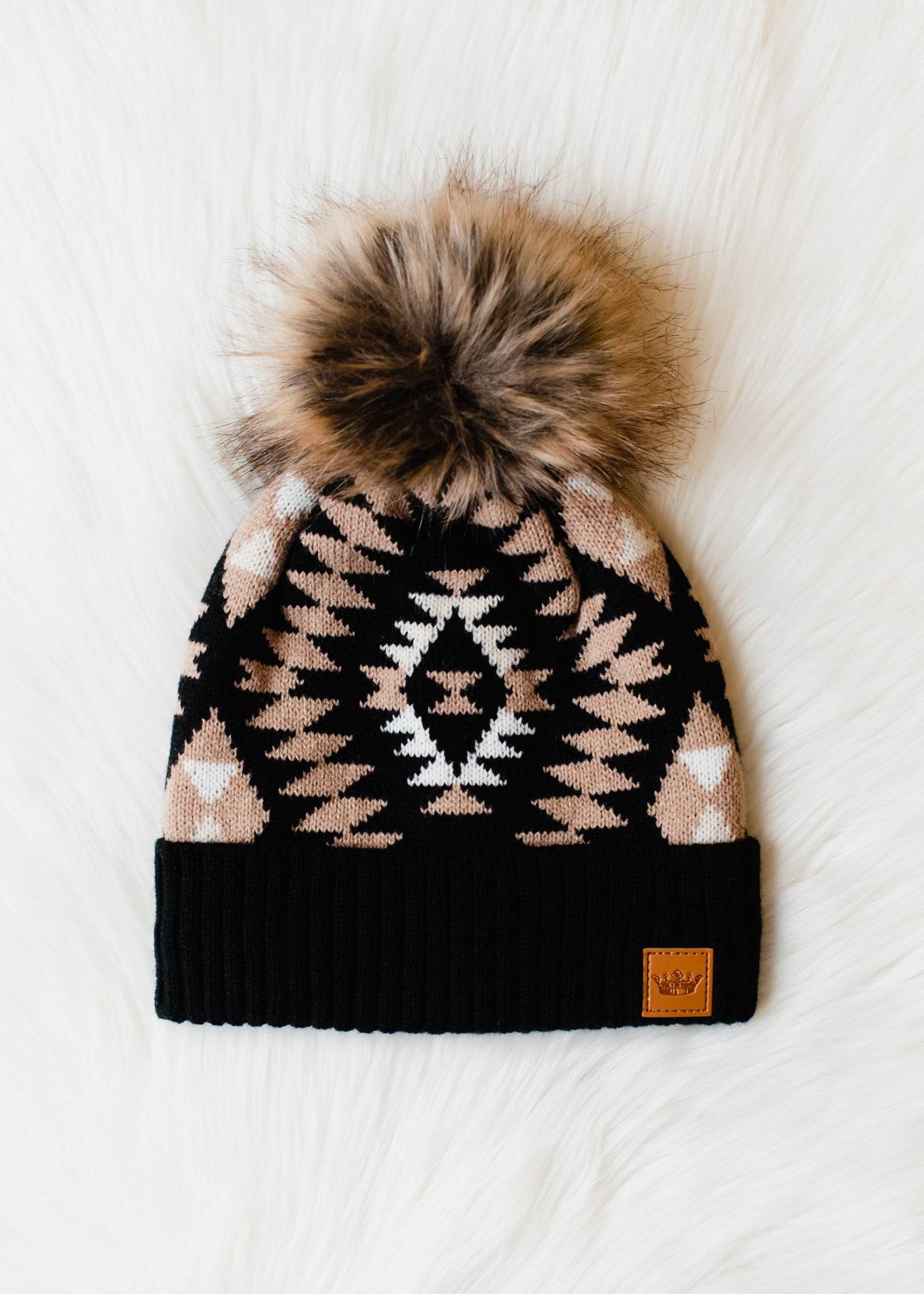 Black Tribal Print Pom Beanie