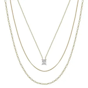 Gold 3 Layered Square Pendant Necklace