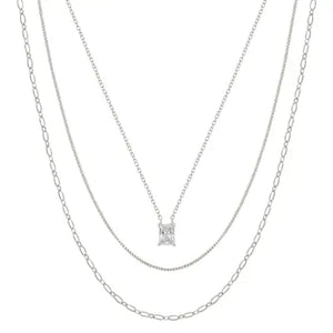 Silver 3 Layered Square Pendant Necklace