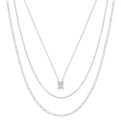 Silver 3 Layered Square Pendant Necklace
