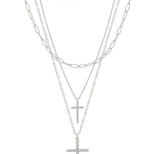 Silver 3 Chain Rhinestone Double Cross Necklace