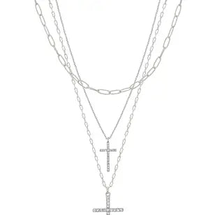 Silver 3 Chain Rhinestone Double Cross Necklace