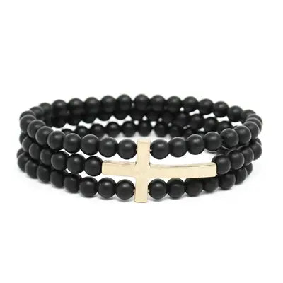 Black Beaded Gold Cross Bracelet
