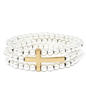 Silver Beaded Gold Cross Bracelet