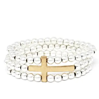 Silver Beaded Gold Cross Bracelet