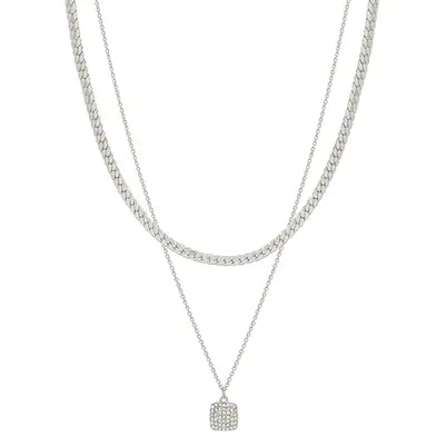 Silver 2 Chain Square Pendant Necklace