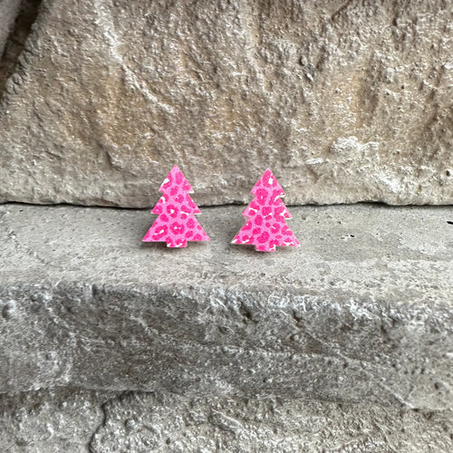 Pink Printed Christmas Tree Stud
