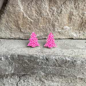 Pink Printed Christmas Tree Stud