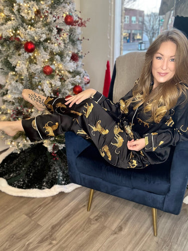 Black Satin Print Pajama Set