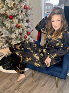 Black Satin Print Pajama Set
