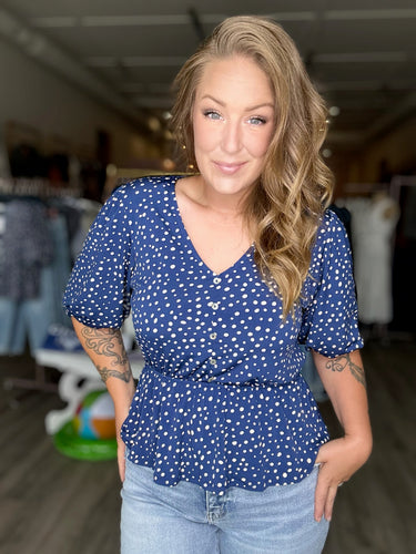 Blue Ivory Dot V Neck Blouse