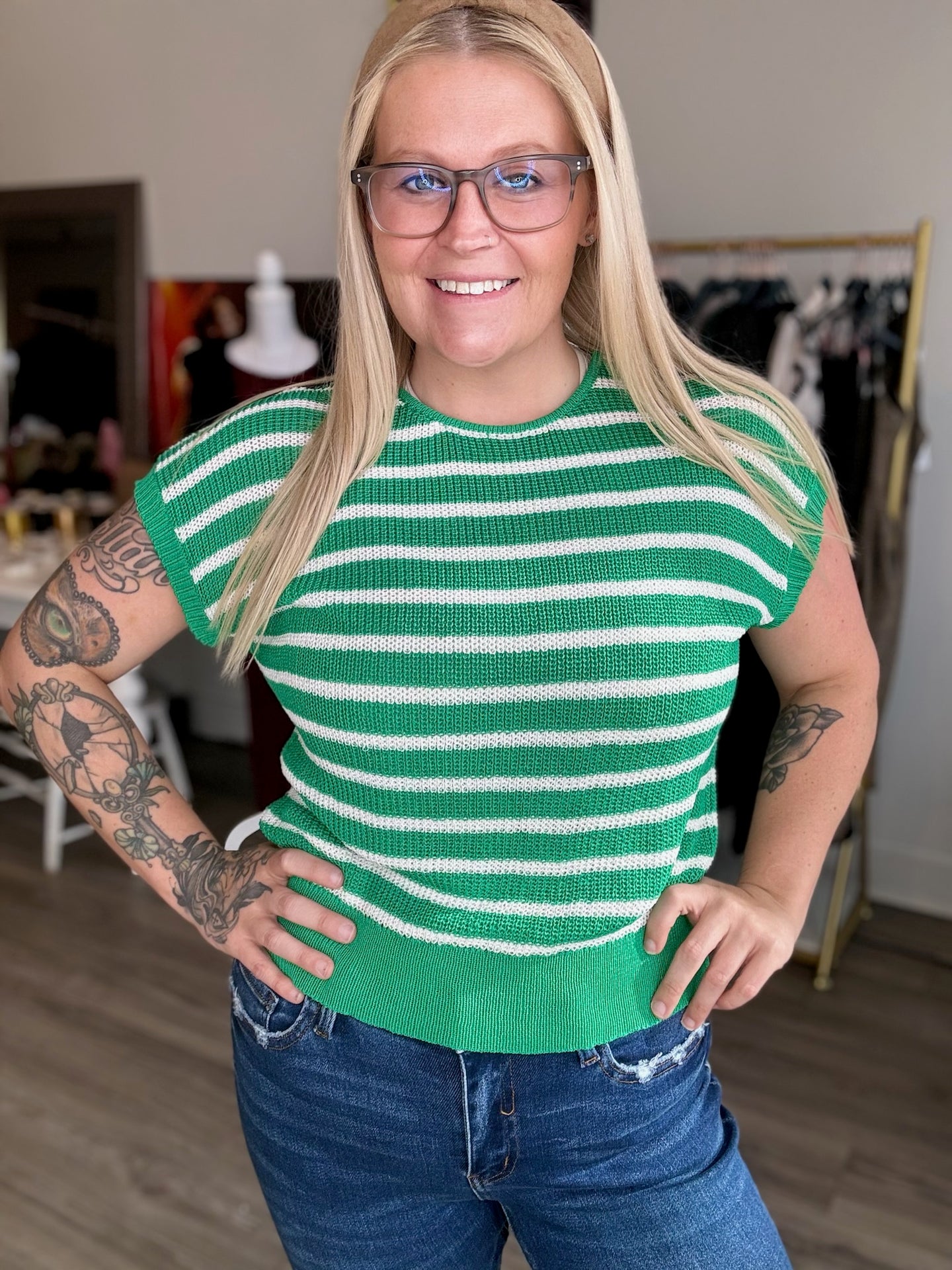 Green Knit Striped Short Sleeve Top