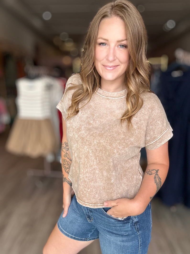 Brown Washed Crop Short Sleeve