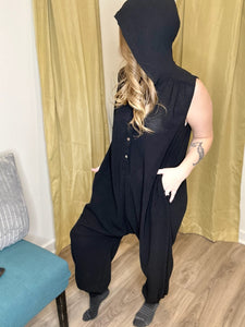 Black Buttoned Hooded JumpSuit