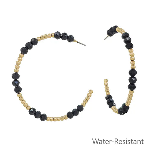 Gold Beaded with Black Crystals Hoop Earring