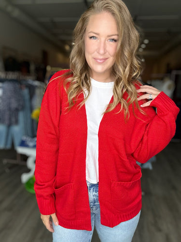 Red Open Front Sweater Cardigan