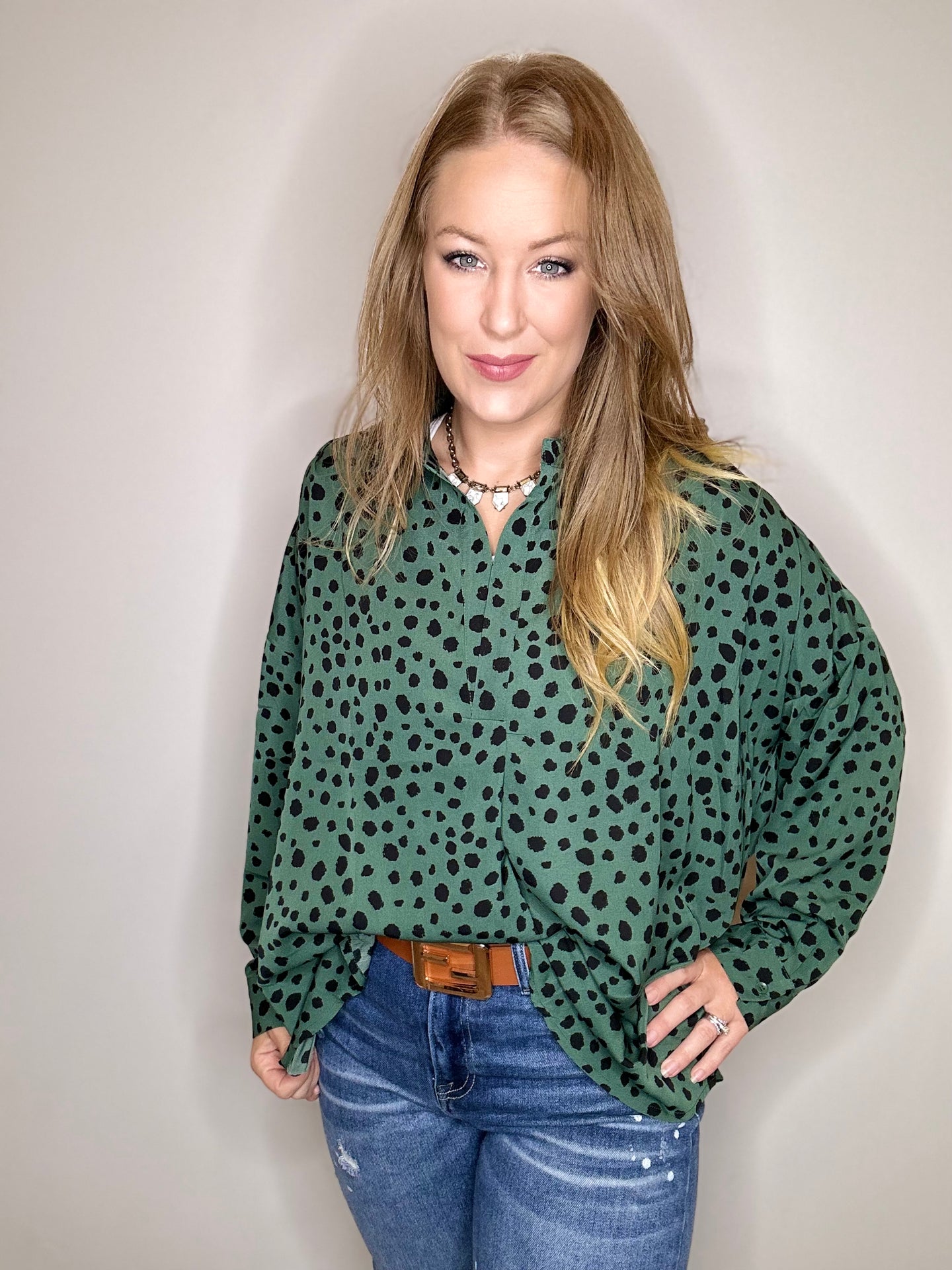 Hunter Green Speckle Print Long Sleeve Top
