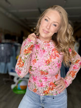 Load image into Gallery viewer, Pink Floral Mesh Long Sleeve Blouse